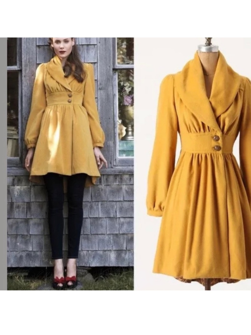 Anthropologie Vintage Plenty by Tracy Reese Mustard Peacoat Dress Coat Fit Flare